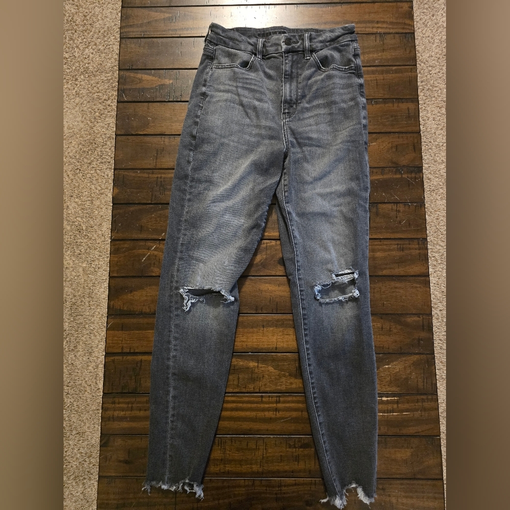 American Eagle Ne(x)t Level Stretch Black Distressed Raw Hem Jeans Size 6
